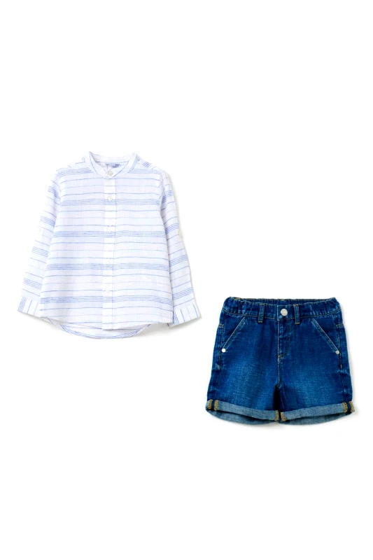 OVS KIDS OVS βρεφικό σετ με denim βερμούδα και λινό πουκάμισο με ριγέ σχέδιο - 001988916 Λευκό