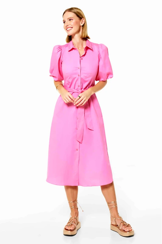 CLOSET LONDON Closet London γυναικείο midi φόρεμα μονόχρωμο βαμβακερό σεμιζιέ με ασορτί ζώνη - D10269 Ροζ