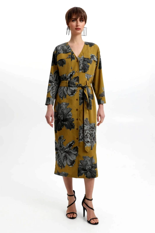 BILL COST Bill Cost γυναικείο midi φόρεμα σεμιζιέ με ζώνη και floral print - 10-342299-0 Λαδί