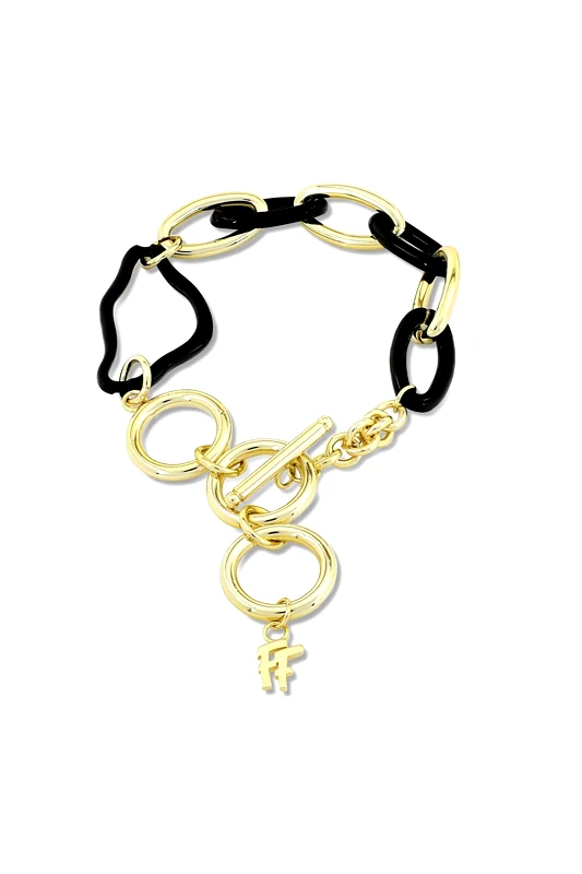 FOLLI FOLLIE Folli Follie γυναικείο δίχρωμο βραχιόλι με μαύρο ακανόνιστο κρίκο "The Chain Addiction" - 1B22D029YK Χρυσό