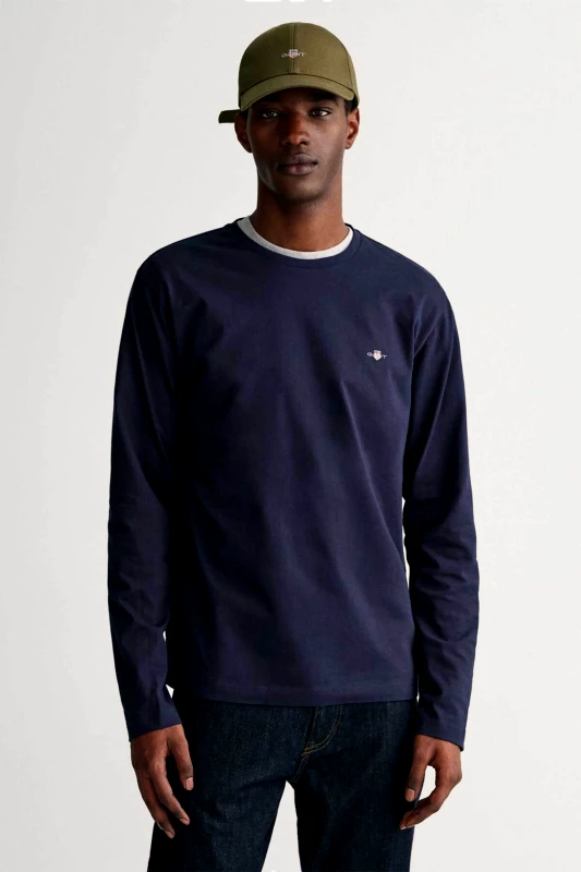 GANT Gant ανδρική μακρυμάνικη μπλούζα μονόχρωμη με κεντημένο logo Regular Fit - 2004049 Μπλε Σκούρο