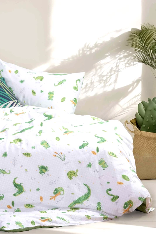 NEF-NEF HOMEWARE NEF-NEF σετ παιδικά σεντόνια μονά με μαξιλαροθήκη 170 x 260 cm "Mona Cute Reptiles" (3 τεμάχια) - 037257 Λευκό