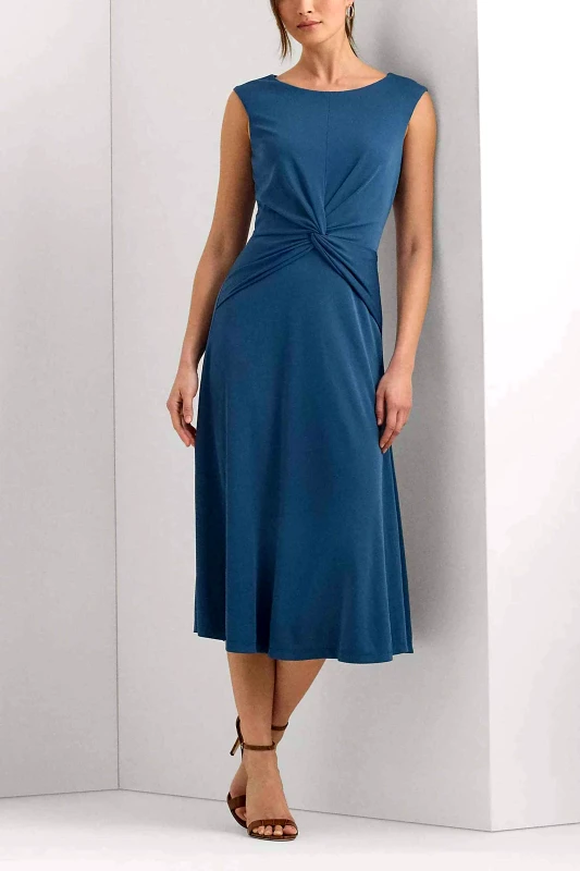 LAUREN RALPH LAUREN Lauren Ralph Lauren γυναικείο midi φόρεμα μονόχρωμο με στριφτή λεπτομέρεια μπροστά - 250872090009 Μπλε