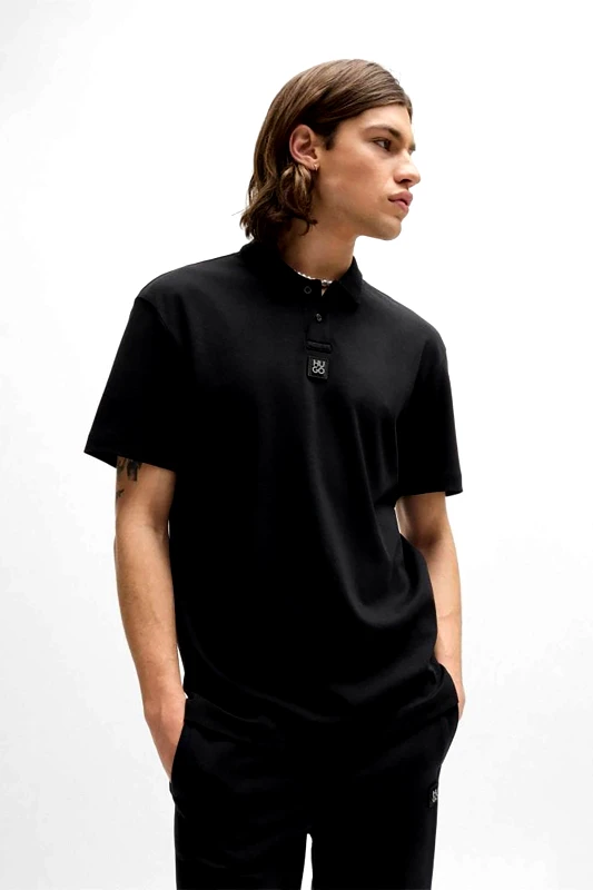HUGO Hugo Boss ανδρική μπλούζα πόλο μονόχρωμη με logo patch Regular Fit "Deabono" - 50517638 Μαύρο