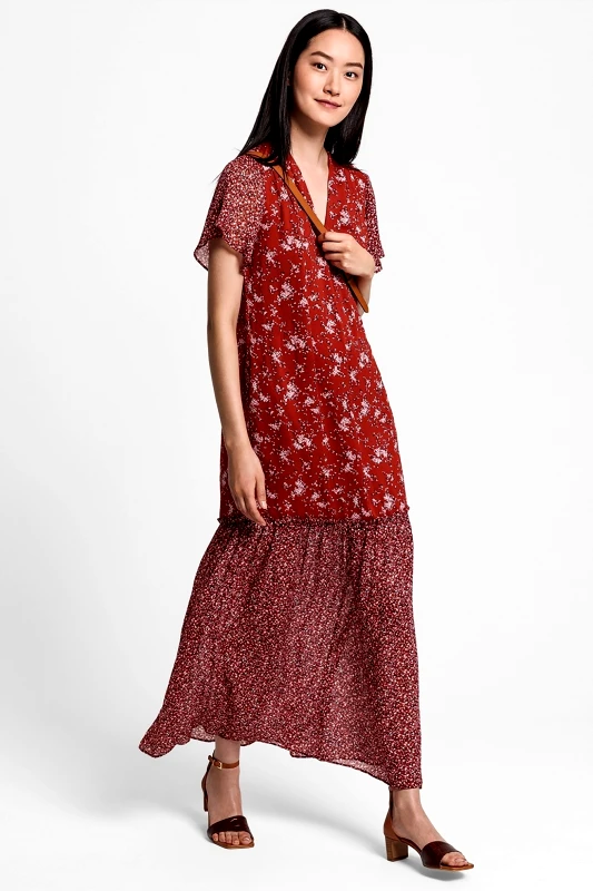 GANT Gant γυναικείο maxi φόρεμα με βολάν και floral print - 4503084 Κόκκινο