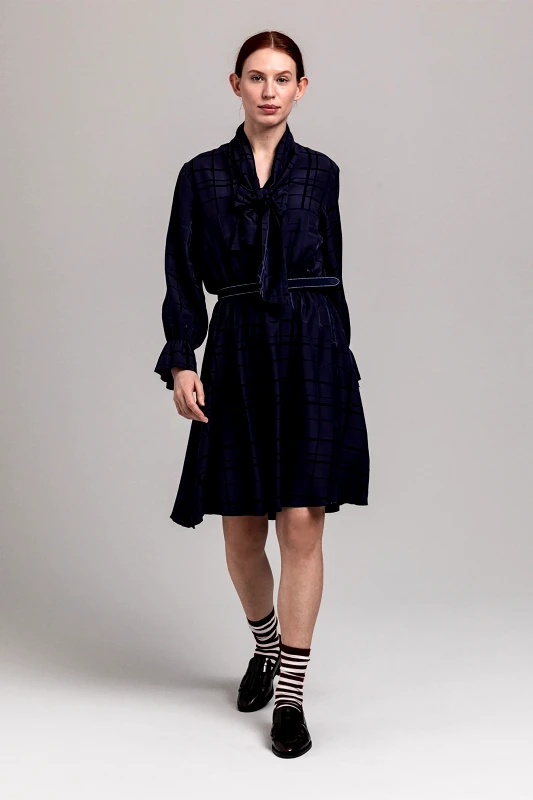 GANT Gant γυναικείο φόρεμα flared με καρό σχέδιο "Structured Βow Τie" - 4503105 Μπλε Σκούρο