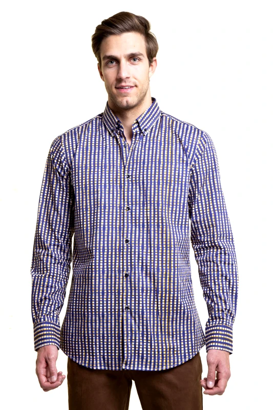 THE BOSTONIANS The Bostonians ανδρικό βαμβακερό πουκάμισο με καρό σχέδιο και κουμπί πίσω στον γιακά - AYP2140 Μπλε Σκούρο