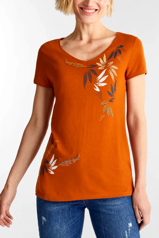 ESPRIT Esprit γυναικείο T-shirt με floral print και V λαιμόκοψη - 070EE1K321 Κεραμιδί