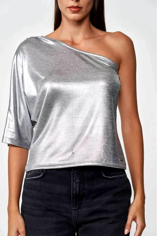 COLCCI Colcci γυναικεία μπλούζα cropped μεταλλιζέ με έναν ώμο - 361100029 Ασημί