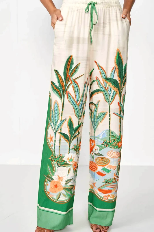 COLCCI Colcci γυναικεία ψηλόμεση παντελόνα με tropical print - 20114894 Εκρού