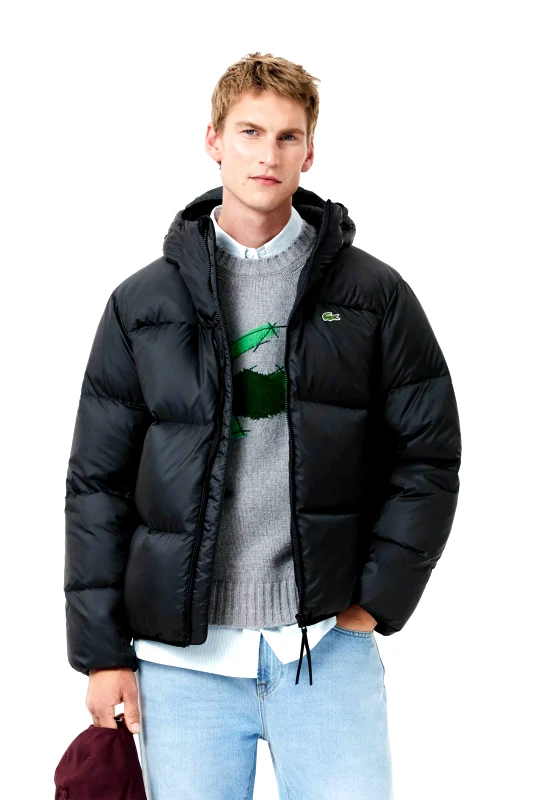 LACOSTE Lacoste ανδρικό αδιάβροχο μπουφάν με κουκούλα και καπιτονέ σχέδιο - BH2905-00 Μαύρο