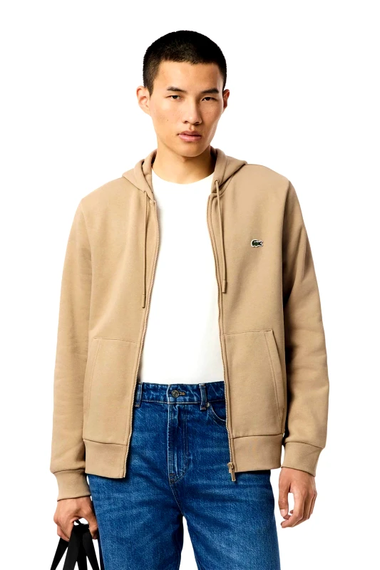 LACOSTE Lacoste ανδρική ζακέτα φούτερ με κουκούλα και κεντημένο λογότυπο Classic Fit - SH9626 Μπεζ