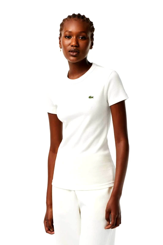 LACOSTE Lacoste γυναικείο T-shirt ribbed με κεντημένο λογότυπο Slim Fit - TF5538 Λευκό