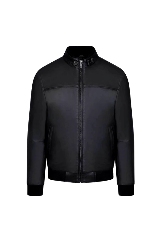 PRINCE OLIVER Prince Oliver ανδρικό δερμάτινο bomber jacket Modern Fit - 16997036 Μαύρο
