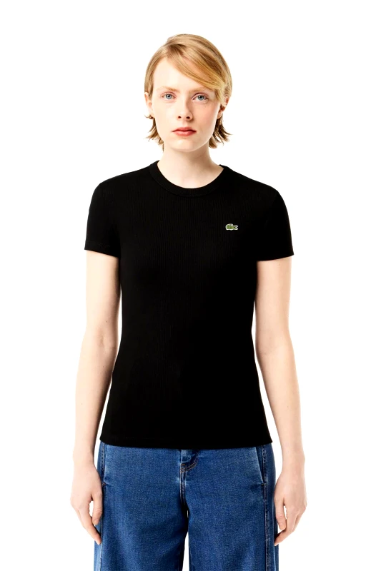 LACOSTE Lacoste γυναικείο T-shirt ribbed με κεντημένο λογότυπο Slim Fit - TF5538 Μαύρο