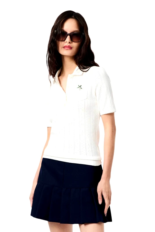 LACOSTE Lacoste γυναικεία πλεκτή μπλούζα πόλο με διάτρητο κεντητό σχέδιο Slim Fit - DF5296-00 Λευκό