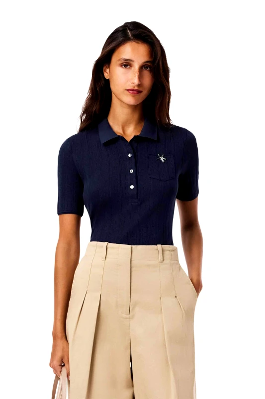 LACOSTE Lacoste γυναικεία πλεκτή μπλούζα πόλο με διάτρητο κεντητό σχέδιο Slim Fit - DF5296-00 Μπλε Σκούρο