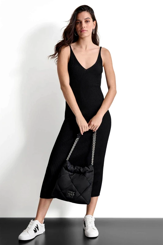 DKNY DKNY γυναικείο midi φόρεμα ribbed με logo patch - D2E4A125 Μαύρο