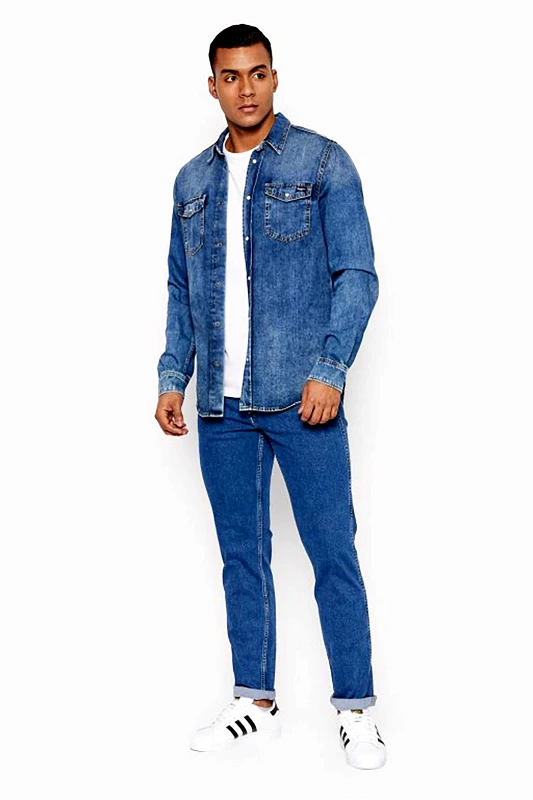 WRANGLER Wrangler® ανδρικό τζην παντελόνι μονόχρωμο με τσέπες και logo patch πίσω "Greensboro" - W15QYI39U Denim Blue