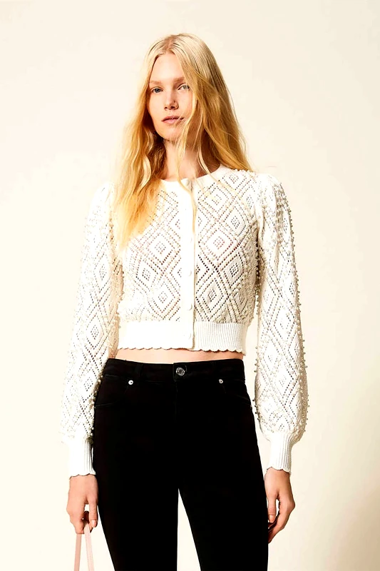 TWINSET Twinset γυναικεία πλεκτή ζακέτα με διάτρητο σχέδιο - 261TP3203 Εκρού