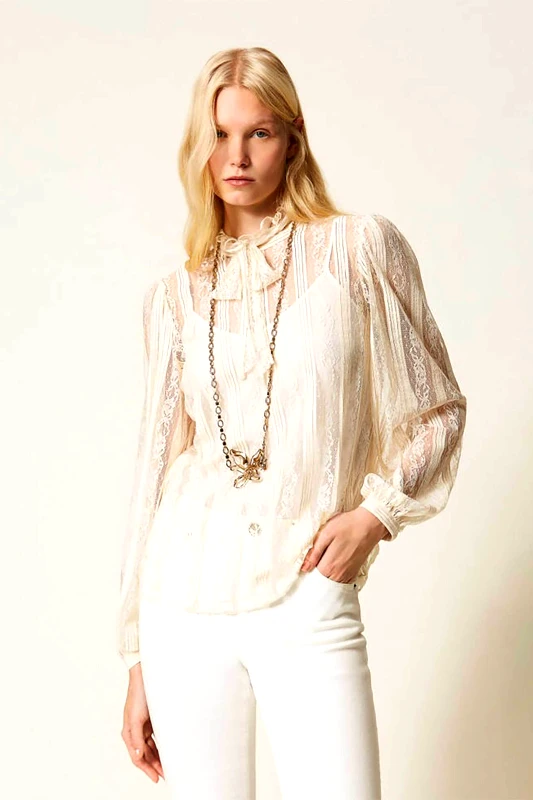 TWINSET Twinset γυναικεία μπλούζα δαντέλα με φιόγκο - 261TP2541 Εκρού