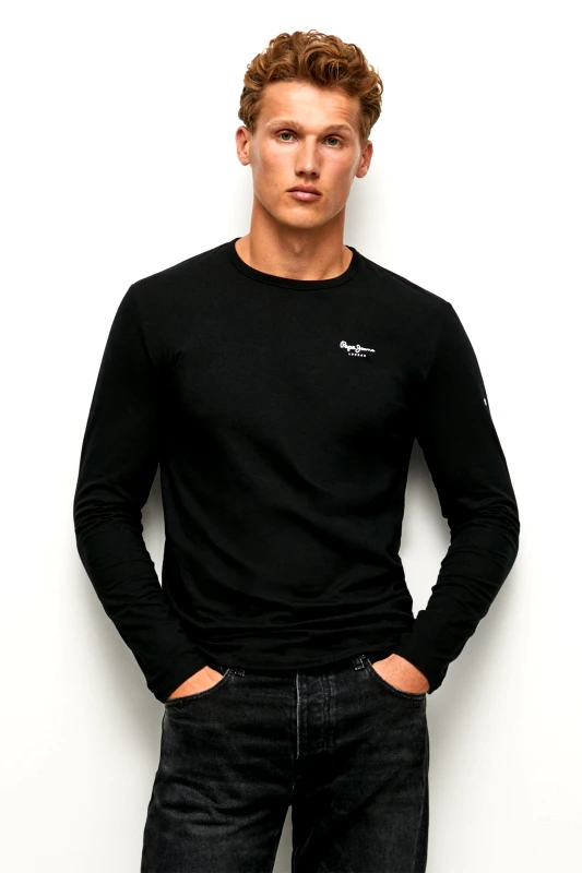 PEPE JEANS Pepe Jeans ανδρική μπλούζα μονόχρωμη με logo print "Original Basic 2" - PM508211 Μαύρο