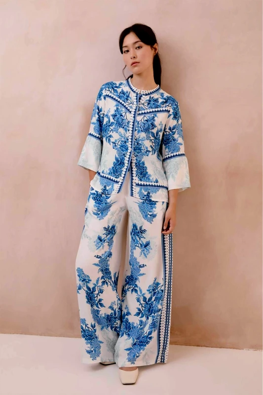 RAISHMA Raishma γυναικείο παντελόνι με floral print "Myra" - SS26RS30 Μπλε