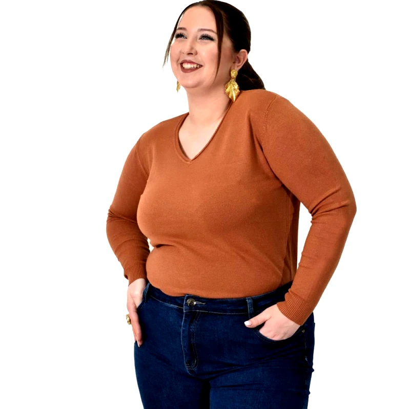 Potre OR Πλεκτή μπλούζα ζέρσεϊ με V λαιμόκοψη για μεγάλα μεγέθη Καφέ 22953