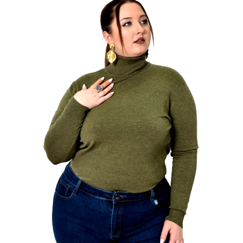 Potre OR Πλεκτή μπλούζα με ζιβάγκο για μεγάλα μεγέθη Χακί 22940