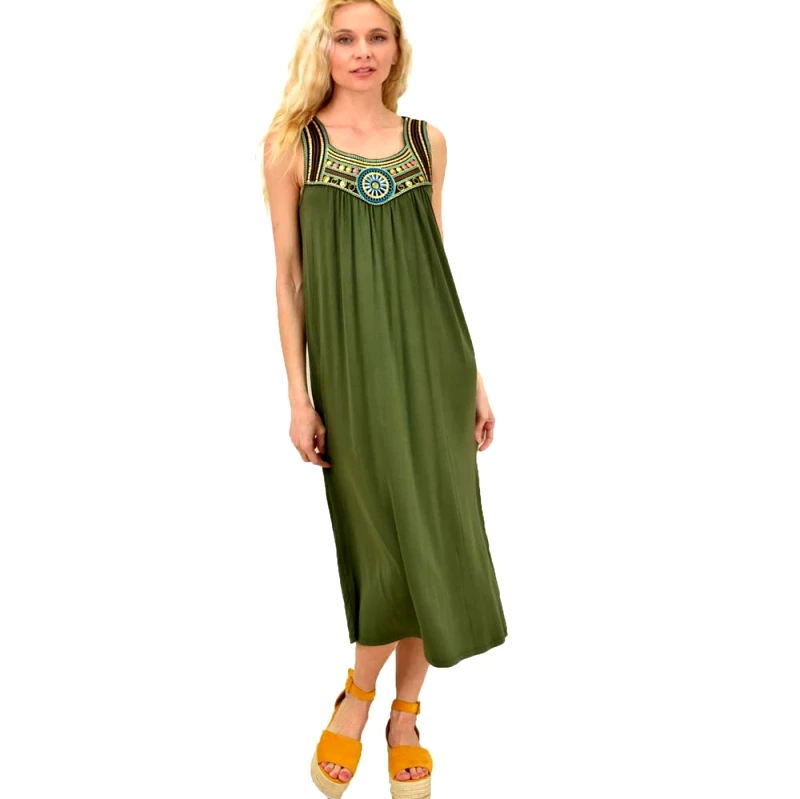 Potre OR Γυναικείο φόρεμα κεντητό Λαδί 14986