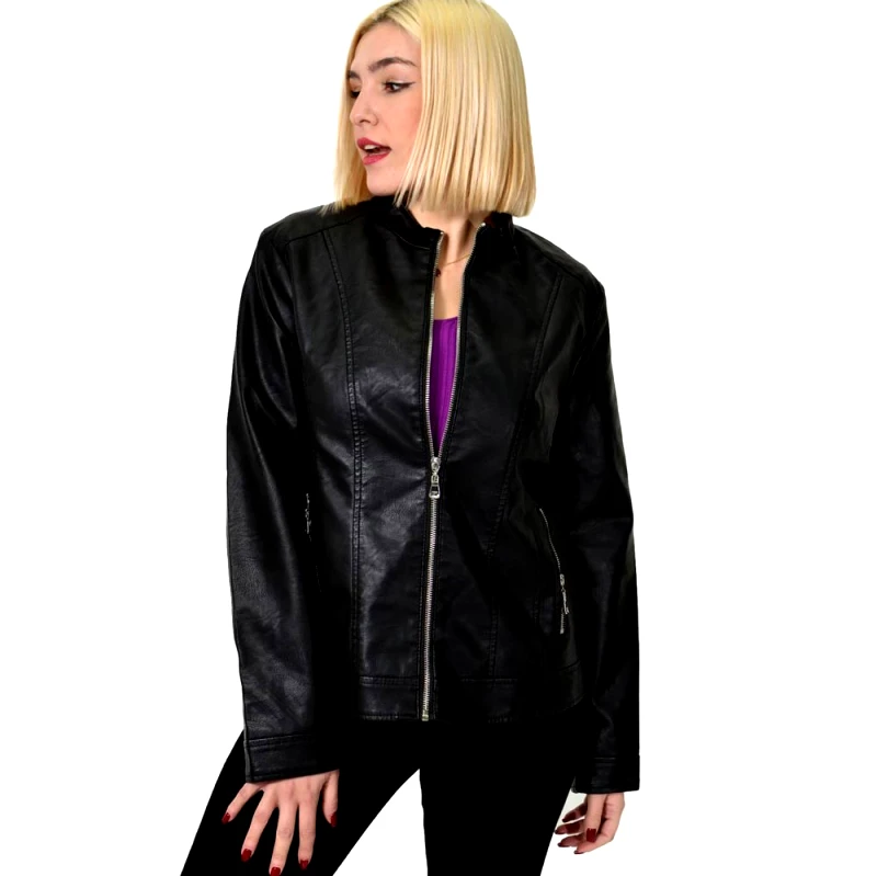 Potre OR Γυναικείο δερματίνη μπουφάν plus μονόχρωμο Μαύρο 22906