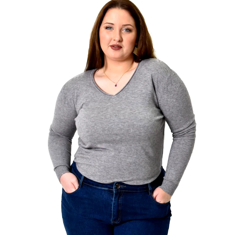 Potre OR Πλεκτή μπλούζα ζέρσεϊ με V λαιμόκοψη για μεγάλα μεγέθη Γκρι 22778