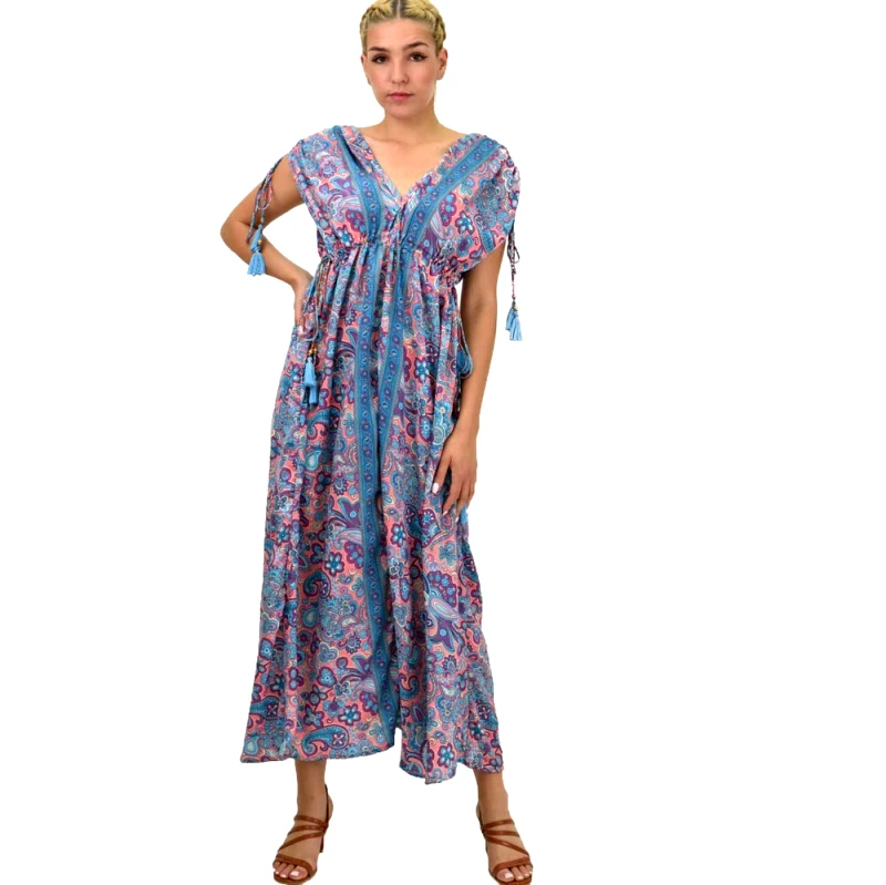 Potre OR Γυναικείο μεταξωτό boho φόρεμα με κρόσια Μπλε 21281