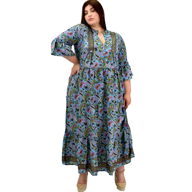 Potre OR Γυναικείο μεταξωτό boho φόρεμα με σχέδιο βολάν Γαλάζιο 20057