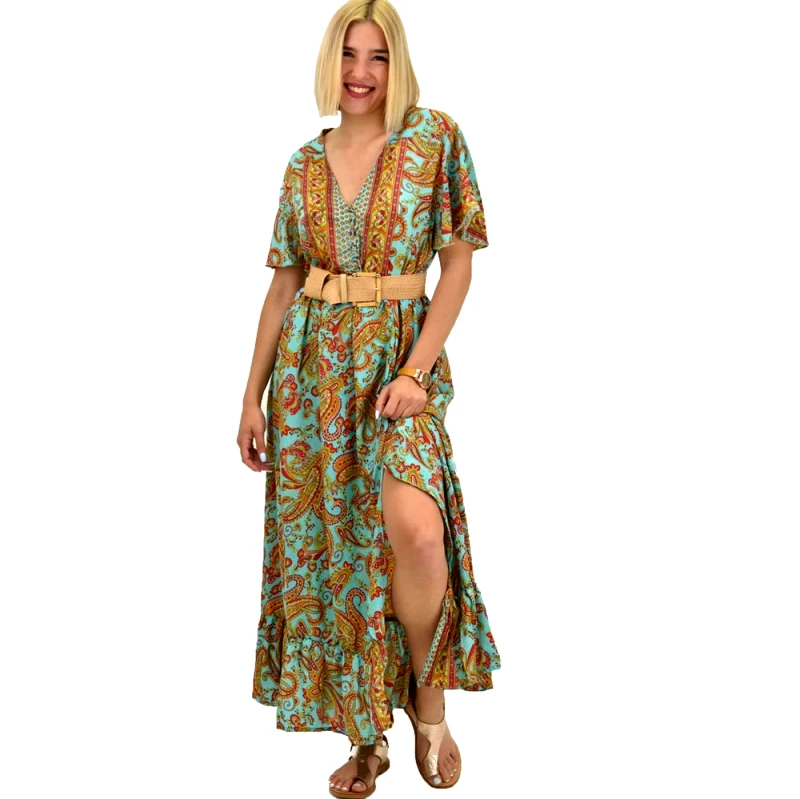 Potre OR Γυναικείο μεταξωτό boho φόρεμα με κουμπιά χωρίς ζώνη Βεραμάν 20919