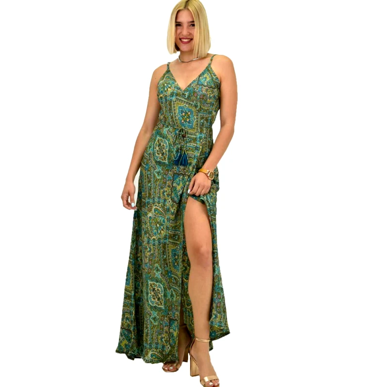 Potre OR Γυναικείο boho φόρεμα με κρόσια maxi Χακί 20969