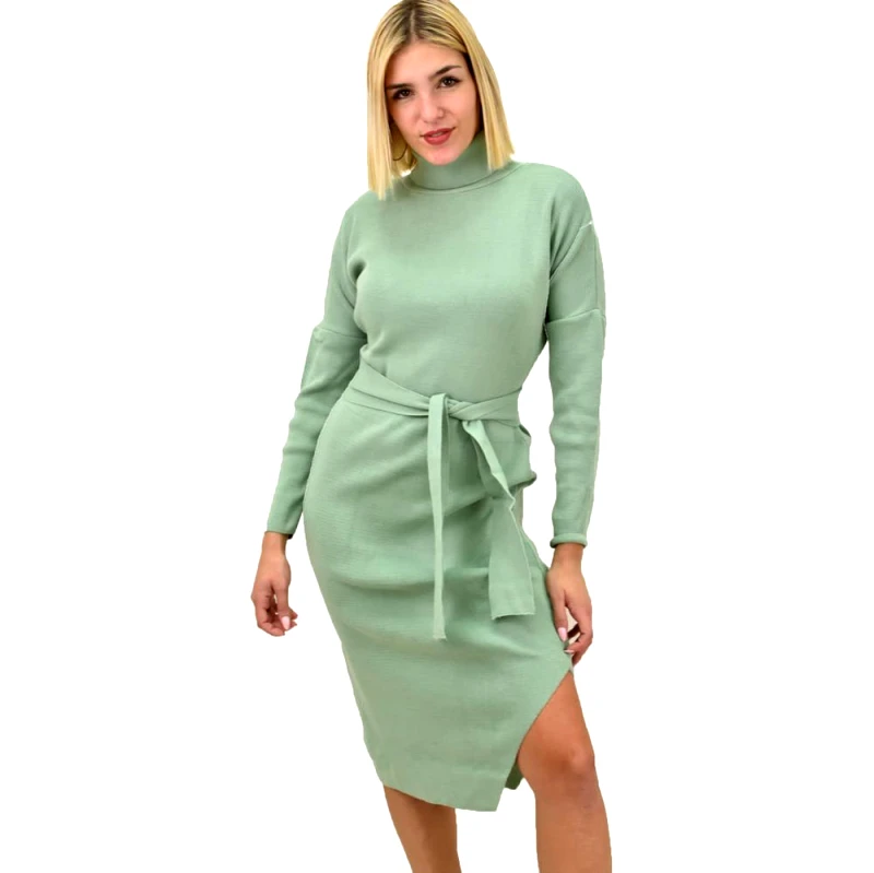 Caroon Κοντό πλεκτό φόρεμα με άνοιγμα και ζώνη Φυστικί 9229