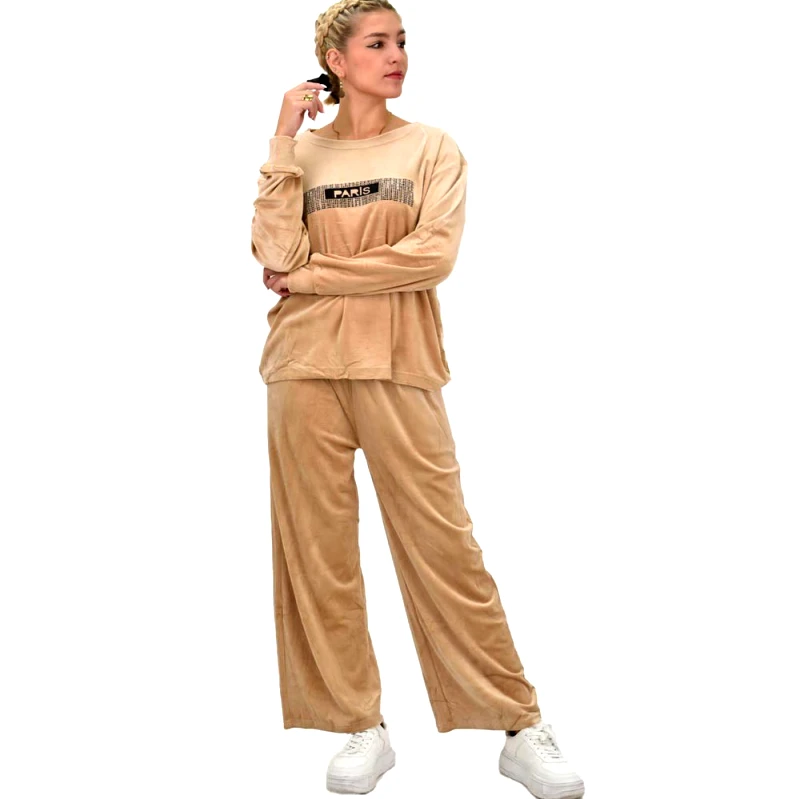 Potre OR Γυναικείο σετ βελουτέ oversized με τύπωμα Μπεζ 22049