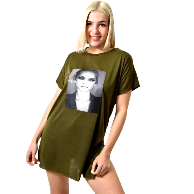 First Woman Μπλούζα μονόχρωμη με ανοίγματα και στάμπα Χακί 23641