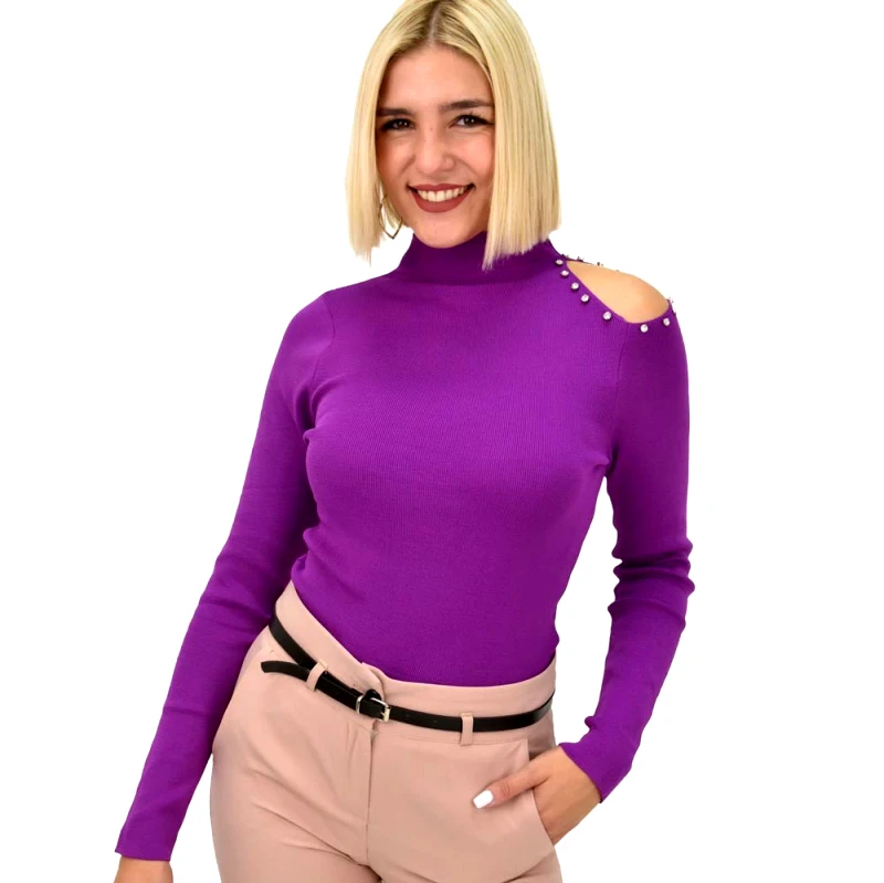 Potre OR Γυναικείο πλεκτό τοπ με άνοιγμα στον ώμο με στρας Ματζέντα 22006