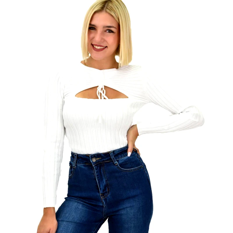 Potre OR Γυναικείο πλεκτό crop top με άνοιγμα στο μπούστο Λευκό 21998