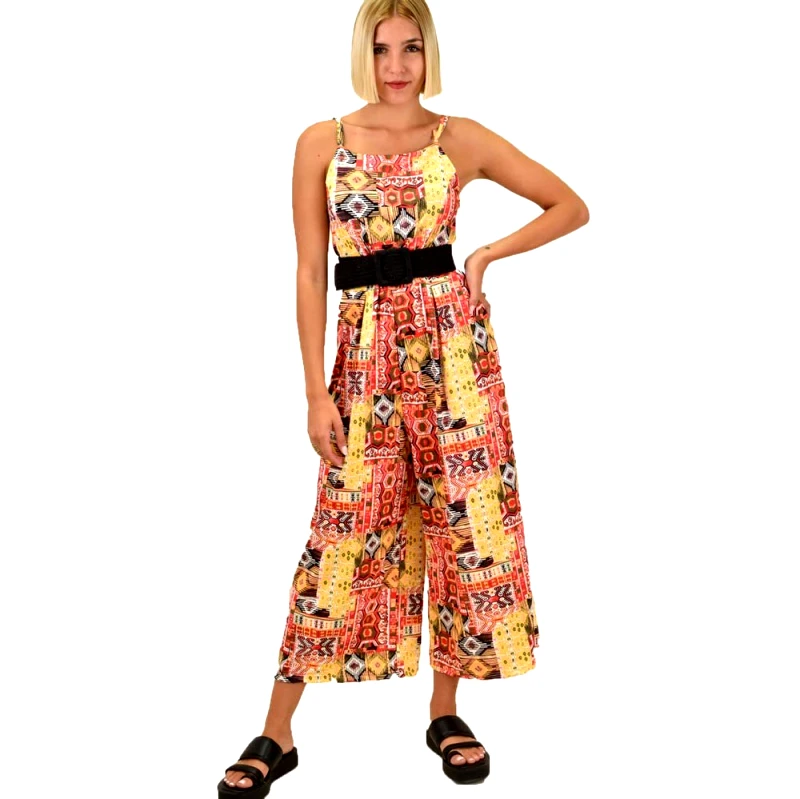 First Woman Γυναικεία ολόσωμη φόρμα ζιπ κιλότ με πιέτες Κίτρινο 17222