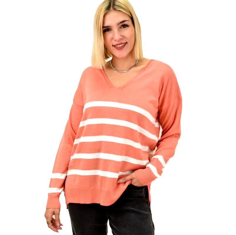 Potre OR Πλεκτή μπλούζα ριγέ oversized Σομόν 18267