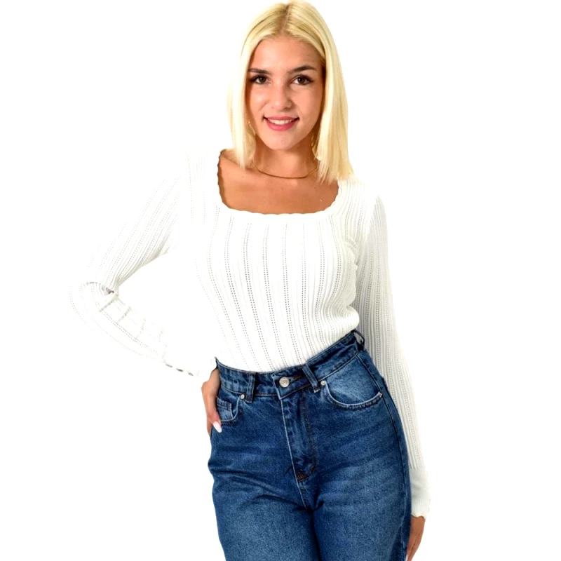 Potre OR Πλεκτό τοπ POINTELLE με κουμπιά Λευκό 25692