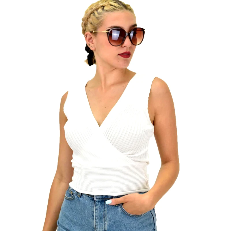 Potre OR Γυναικείο πλεκτό τοπ κρουαζέ Λευκό 6413