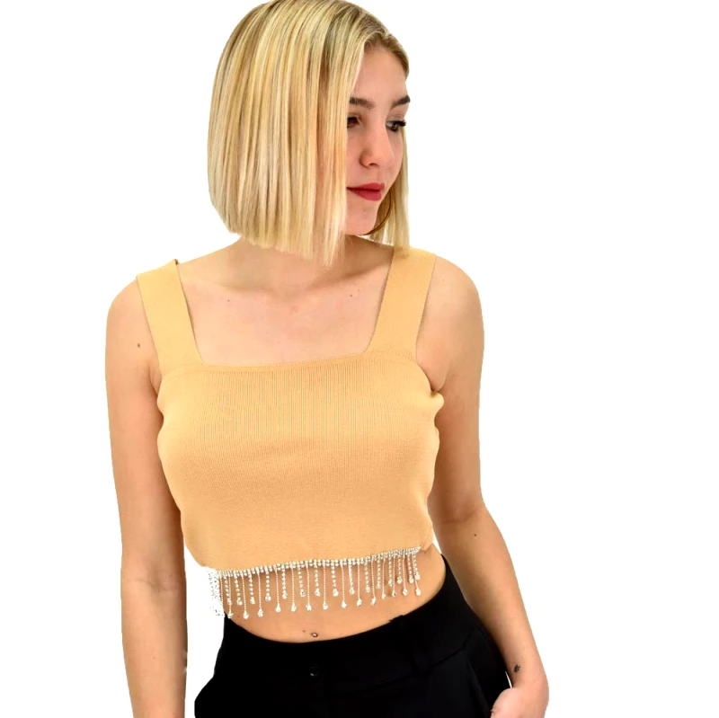 Potre OR Γυναικείο τοπ με κρόσια στρας Μπεζ 19208