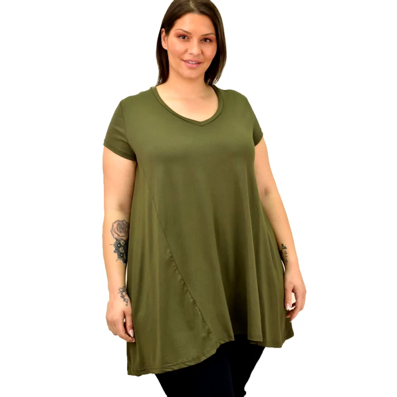 First Woman Γυναικεία μπλούζα μονόχρωμη oversized Λαδί 19137