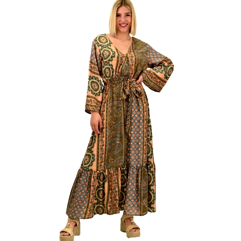 Potre OR Γυναικείο μεταξωτό boho φόρεμα με ζώνη Σομόν 20496