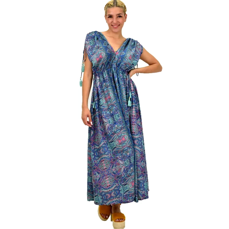 Potre OR Γυναικείο μεταξωτό boho φόρεμα με κρόσια Μπλε 21196