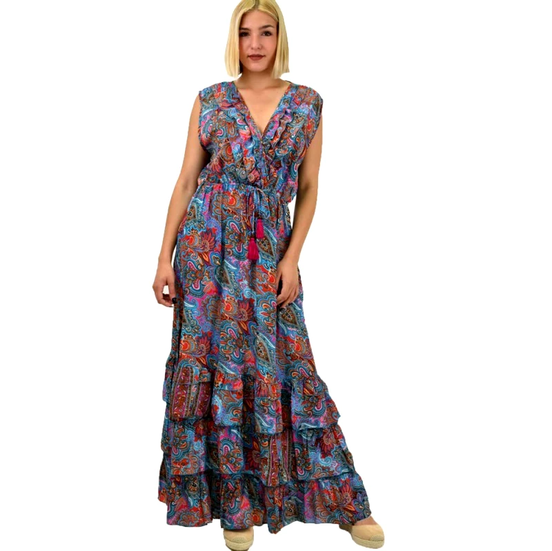 Potre OR Γυναικείο μεταξωτό boho φόρεμα με βολάν Γαλάζιο 20638